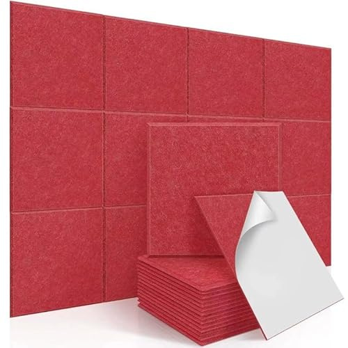 12 Pack Square Acoustic Panels Self-Adhesive, 30x30x0,9cm High Density Sound Proofing Panels for Walls, Sound Deadening Insulation Treatment Sound Absorbing for Studio, Office, Home (Red)