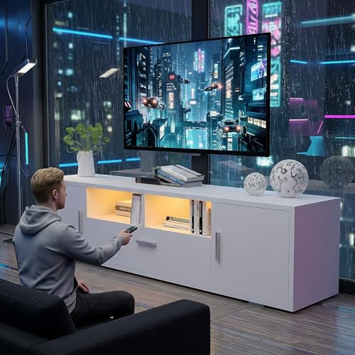 TV-Schrank LED für Fernseher bis zu 55-70 Zoll, Weiß TV Lowboard mit Großem Stauraum, Fernsehtisch mit RGB LED-Beleuchtung, TV Board für Wohnzimmer Schlafzimmer, 160 * 35 * 40cm