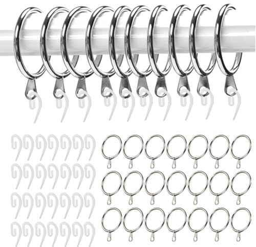 70 Pcs Curtain Rings and Hooks Set, 30mm Metal Curtain Pole Hanging Rings with Plastic Hooks, Strong Window Drapery Hanging Kit for Rail Rod Installation, Hook Accessories for Bathroom Living Room