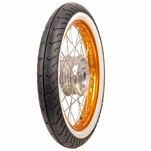 Komplettrad - VORNE - 1,5x16 Zoll - Alufelge orange eloxiert und poliert, Chromspeichen - MITAS-Weißwandreifen MC2 montiert