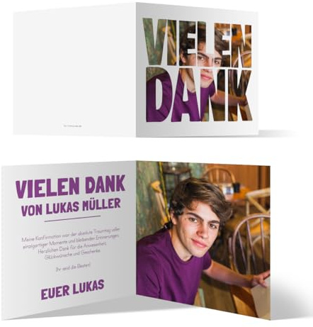 Personalisierte Foto Konfirmation Dankeskarten ab 10 bis 100 Stück selbst gestalten, 148x148mm Klappkarten Danksagungskarten Danksagung Konfirmationskarten - Fotoschrift