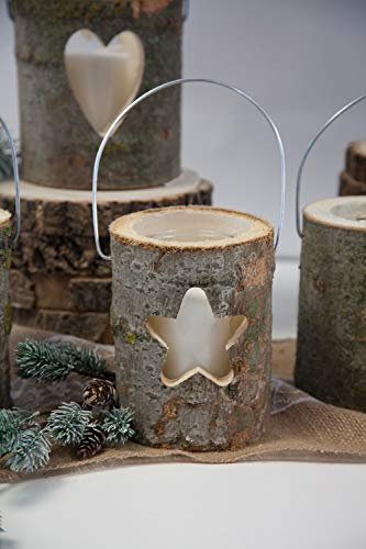 Rustic Wooden Log Birch Lantern With Glass Candle Holder - Christmas Lights Table Decor Centrepiece (Star, 13cm)