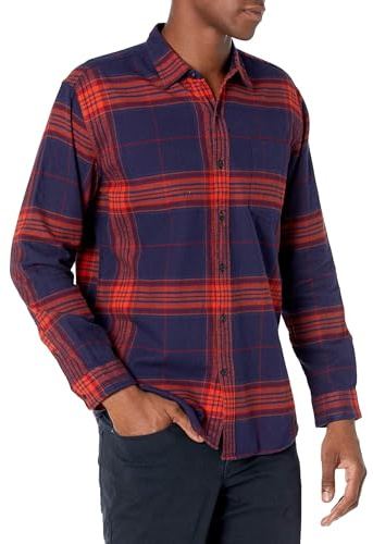 Amazon Essentials Men's Långärmad flanellskjorta (finns i Big & Tall), Mörkblå Orange Stora rutor, XL