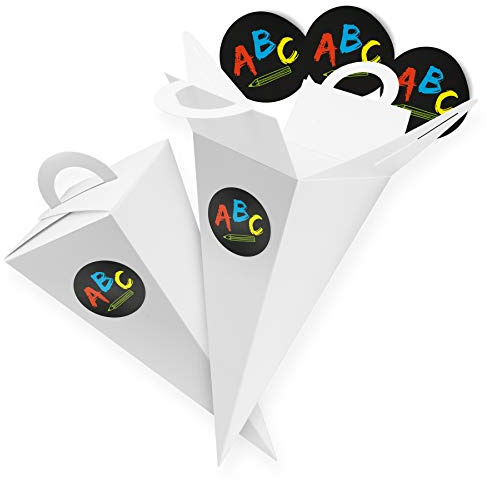 itenga 24x Geschenktüte Gastgeschenk Schultüte Weiß 14 cm mit Sticker Aufkleber 2,5 cm ABC Einschulung