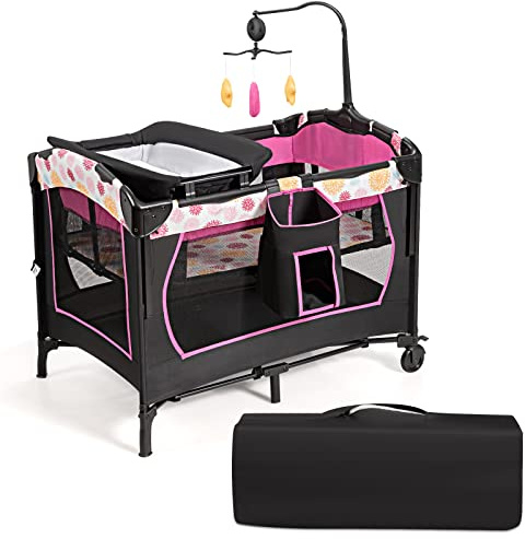 GOPLUS Cama plegable 3 en 1 para bebé, cambiador, parque y cuna, cuna de viaje con ruedas, incluye caja de música, arco de juego, colchoneta ajustable en altura, desde el nacimiento hasta 15 kg, color