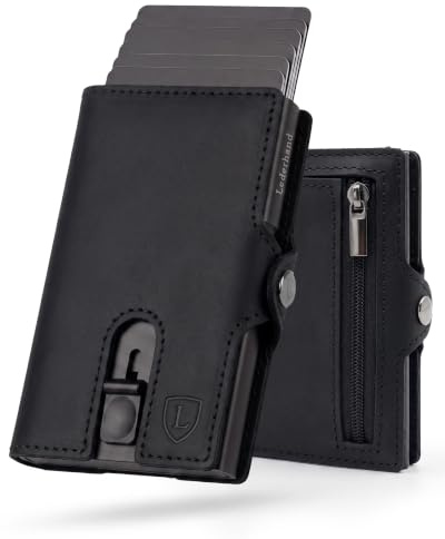 Lederhand® Aventus Wallet – Leder Geldbörse handgemacht für Herren und Damen Portemonnaie Aluminium Kartenhalter mit Münzfach und Platz für 9 Karten mit RFID NFC Schutz Farbe|(Schwarz)