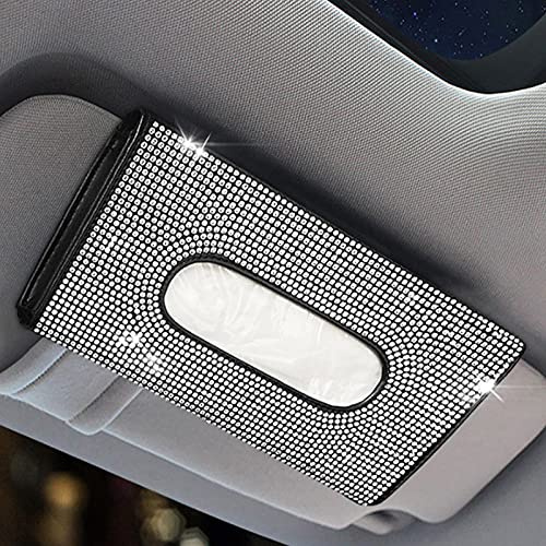 Tücherbox, Taschentuchbox Glitzer Car Taschentuchspender, Sonnenblende Taschentücher Box, Handgefertigt, Glitzernder Kristall-Taschentuchhalter für Damen Weiß