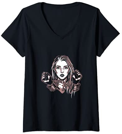 Damen Frau Handschellen Häusliche Gewalt Gleichstellung Feminismus T-Shirt mit V-Ausschnitt