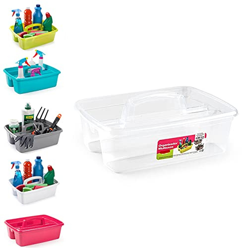 Large Strong Plastic Kitchen Cleaning Carry Tray Caddy Tidy Organiser Cleaning Tool Utility Caddy Storage Gardening Home Bottle Carrier with Handle (Clear)