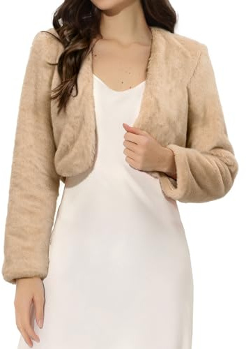 Allegra K Women's Evening Shrug Wedding Gown Fuzzy Formal Faux Fur Bolero Jacket Khaki S