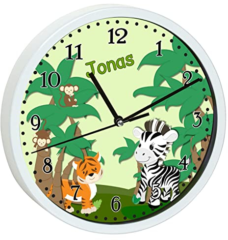 CreaDesign, Wanduhr für Kinderzimmer Dschungel, Kinderuhr weiß mit Quarz Uhrwerk, personalisiert mit Name, Durchmesser 19,5 cm