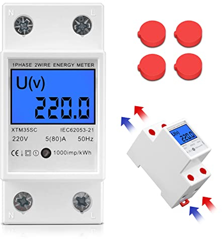 Contatore Energia Elettrica, Contatore di Corrente Digitale LCD, Contatore di Corrente Alternata su Guida DIN, 5 (80)A Contatore Elettrico a 1 Fase 2 Poli, Misuratore di Energia ​con Retroilluminazion
