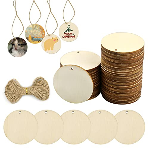 Hyakoz 50 Pezzi Dischi Legno con Foro 5cm Decorazioni Natalizie Piccole Legno Fette per Artigianato, DIY, Pittura e Decorazioni（Corda di canapa da 20 m）