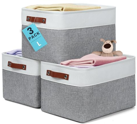 OrganiHaus Large Fabric Storage Baskets for Shelves 3 Pack, 15x11in Closet Storage Bins, Canvas Storage Bin for Organizing, Cloth Baskets, Linen Closet Organizers, Gray/Off-White
