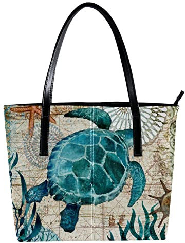 Schultertasche, leicht, lässig, Schultasche, Lehrertasche, Handtasche, Geldbörse, Vintage, blau, Meeresschildkröte, nautische Karte, Mehrfarbig