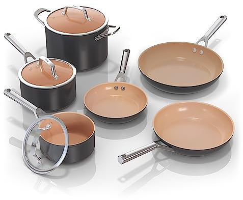 Ninja Pots and Pans Set Non Stick | Extended Life Premium Ceramic Cookware Set | 9-Piece Nonstick | PTFE Free | Oven Safe to 550°F | Induction Compatible | Frying Pan x3 | Cooking Pot x3 | CW99009