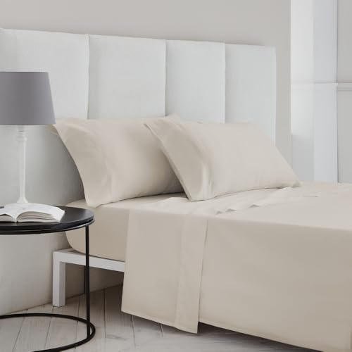 COTTON ARTean Set di lenzuola 150 x 190/200 raso cotone egiziano 400 fili LOREA beige 4 pezzi: sopra, 2 federe, lenzuolo regolabile