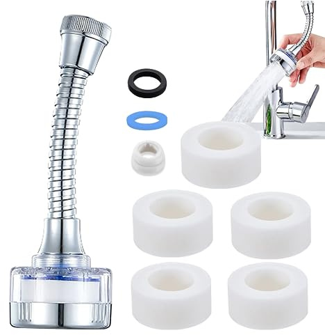 Wasserfilter für Wasserhahn, Wasserhahn Verlängerung, 360° Wasserhahn Filter, Wasserhahnfilter mit 5 PP-Baumwollfilterelement, Wasserhahn Entkalker Aufsatz für Küche Badezimmer