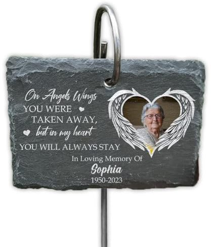 Customizeaf On Angels Wings You Were Taken Away - Personalized Memorial Garden Slate & Hook, Memorial Gifts for Loss of Loved One. Cemetery Decorations for Grave (GS55)