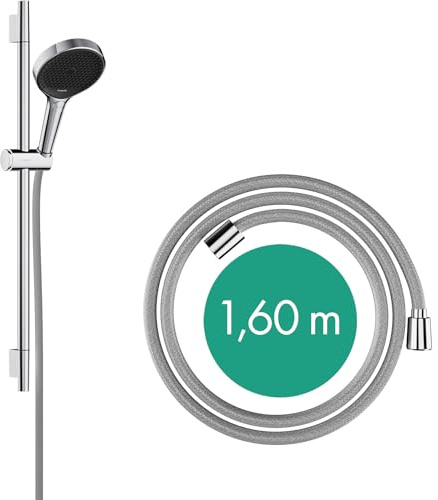 hansgrohe Rainfinity - Duschset, runder Duschkopf mit Brausestange 65cm, Halterung und Designflex Textil Brauseschlauch 160cm, Duschbrause mit 3 Strahlarten, Chrom