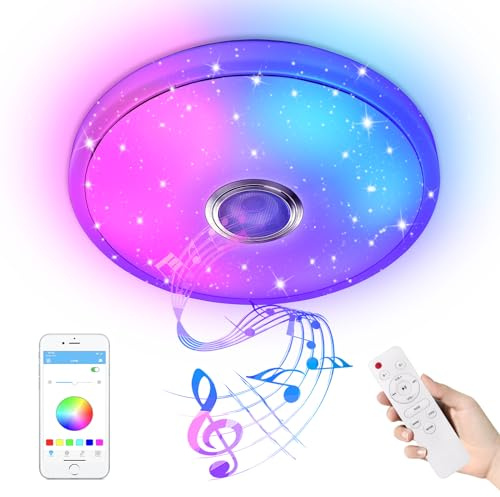 VA-Cerulean 36W LED Deckenleuchte Dimmbar mit Bluetooth Lautsprecher, APP-Steuerung und Fernbedienung Moderne Rund Sternenhimmel Deckenlampe für Kinderzimmer Schlafzimmer Wohnzimmer Küche