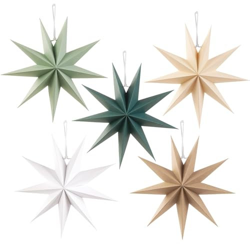 SUNBEAUTY Sage Green 9-Pointed 12 Inch Paper Star Lanterns Christmas Hanging Lamp Paper Decorations Shade Wedding Birthday Christmas Home Party Decorations