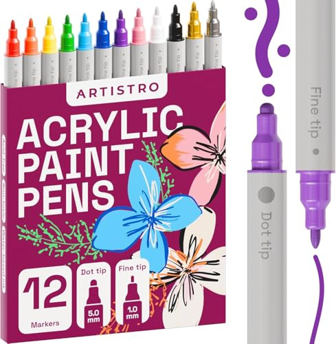 Artistro 12 Acrylstifte Dual-Tip Rund+Fein für Stein, Glas, Holz & Stoff | Wasserbasierte Acrylmarker für alle Oberflächen & Malbücher, schnell trocknend, zum Bemalen & Ausmalen, Kreativ-Geschenk