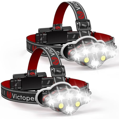 Victoper Linterna frontal recargable, paquete de 2, 8 LED de 18000 lúmenes de alto brillo con luz roja, luz frontal USB ligera, linterna de cabeza impermeable de 8 modos para correr, senderismo,