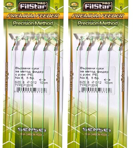 PRO FILSTAR Angelhaken Set mit Vorfach für Method Feeder 10 Stück, Größe 8 | Flechtschnur 10cm, DIA 0,12mm - Angeln Karpfen Zubehör - Ringhaken für Pellets - Ring Hook - Rig Haken Set - Sport Set
