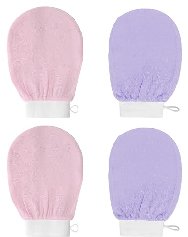 4 Stück Beidseitiger Tiefenreinigungs-Peelinghandschuh, Peelinghandschuh, Exfoliating Body Scrub Glove, für Entfernen, Von Schmutz, Haut Körperpeeling– Bonbonrosa/Lavendelviolett