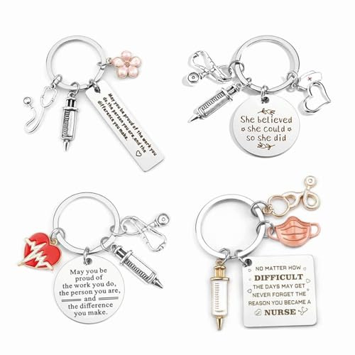 PIMXL Portachiavi da Infermiera in Acciaio Inossidabile da 4 Pezzi con Siringa, Cuffia da Infermiera e Stetoscopio - Ottima Idea Regalo per Il Personale Medico (4 Colori)