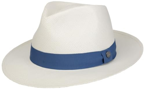 LIERYS Lendamo Panamahut Bogart-Stil Naturfarbener Hut 100% Stroh UV-Schutz Made in Ecuador Herren Frühjahr/Sommer weiß-blau XL (61-62 cm)