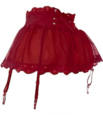 iSpchen Minigonna sexy in rete da donna, mini gonna in tulle traslucido, abito corto, bretelle, a vita alta, micro gonna, Vino rosso, M
