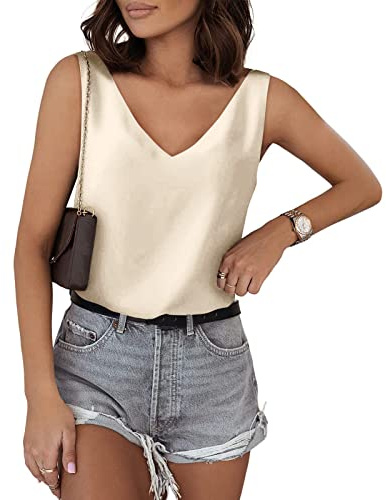 Satin Tank Top Damen Sommer - Ärmellose Bluse Damen Elegant Seidenbluse Seidentop T Shirt V Ausschnitt Weste Lässige Locker Sexy Seide Camisole Blusenshirt Tanktops & Träger-Tops Frauen