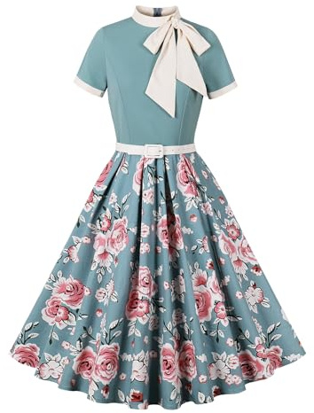 Odizli Rockabilly Kleider Damen 50er Jahre Vintage Kurzarm Krawatte Polka Dot Blumen Swing Knielang Coctailkleid mit Gürtel