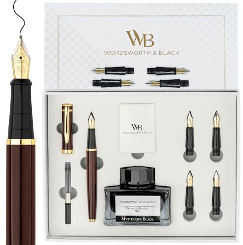 Wordsworth och svart reservoarpenna presentpaket, inkluderar bläckflaska, 6 bläckpatroner, en påfyllningsomvandlare, 4 ersättningsspetsar, journaling, kalligrafi, släta skrivpennor [brunt guld]