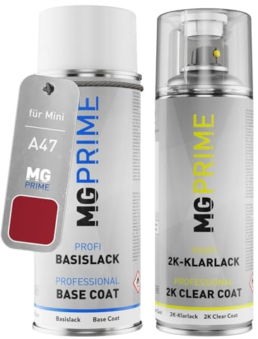 MG PRIME Autolack Spraydose für Mini A47 Solar Red Metallic + 2K-Klarlack | Set aus Basislack + 2K Klarlack, Sprühdosen 400ml