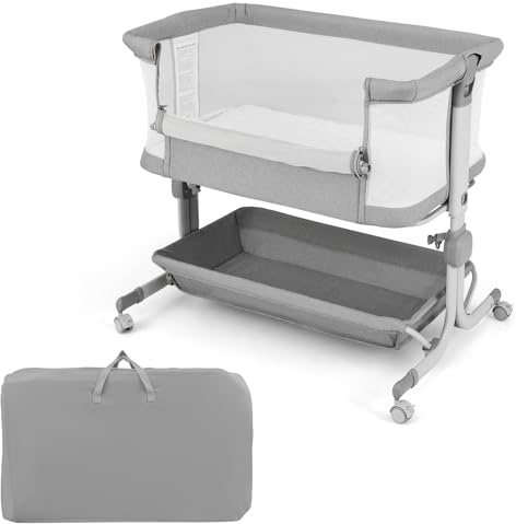 COSTWAY Cuna Colecho, Mini Cuna para Bebe con Altura Ajustable de 6 Niveles, Estante, Ruedas Bloqueables, Colchón y Bolsa de Transporte (Gris Ligero)