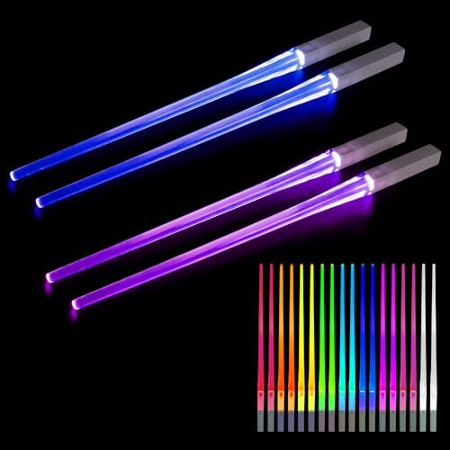Vmxlso 2 Paar Leuchtende Essstäbchen - Lightsaber Chopsticks Mit 9 Farben, LED Lichtschwert, Langlebig, Leicht, BPA Frei, Spülmaschinenfest für Sushi, Küchen, Dinnerparty