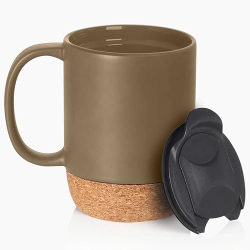 Reusable Ceramic Travel Mug with Handle and Lockable Lid & Heat Proof Cork Base - Spill & Leak Proof, Refrigerator Safe, Heat Resistant Coffee Mug - Mocha