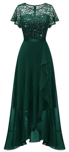 Berylove Abendkleider Glitzer Kleid Herbst Damen Glitzer Kleid Damen Kleid Hochzeitsgast Damen Festival Outfit Damen Vokuhila Kleid RBLP7051XP DarkGreen XS