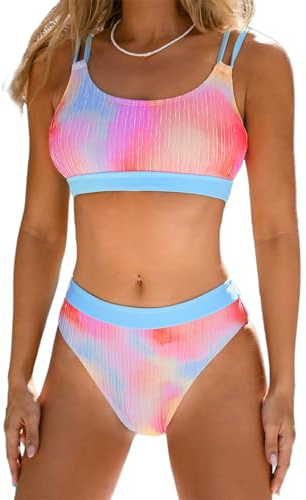 CUPSHE Damen Bikini Set U Ausschnitt Crossback Mid Waist Bikini Regenbogen Knallige Farben Bademode Zweiteiliger Badeanzug Swimsuit Pink/Blau S