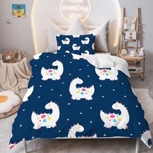 PNHCL Housse de Couette 100x140 Dinosaure Parure de Lit 1 Personne, Modèle de Dessin Animé Housse Couette avec 1 Taie d'oreiller pour Enfant Fille Garcon Deco Chambre, Animal Bleu