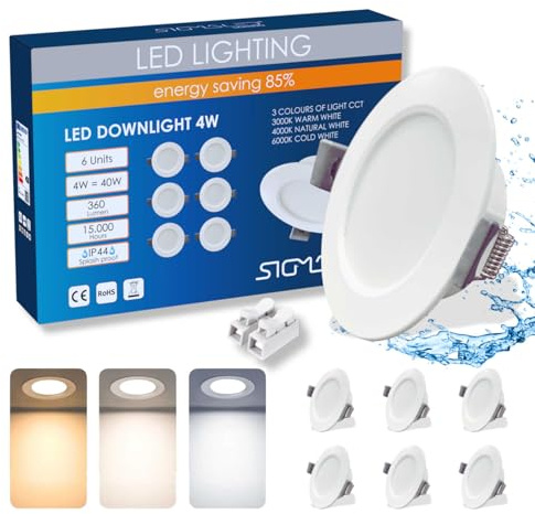 Sigmaled lighting – 6 Faretti LED da Incasso 4W, Spot Ultra Slim 360 lm, 3 Colori Luce Calda Naturale Fredda, IP44 Bagno Interno Esterno Coperto, Cartongesso Soffitto, Foro Ø70–80 mm, 220–240V
