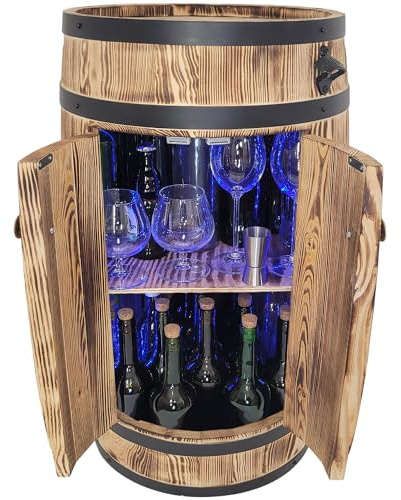 weeco Barfass aus Holz mit RGB LED Beleuchtung, Türen und Regal – rustikales Alkoholmöbel zur Aufbewahrung von Flaschen – dekoratives Fass für Wohnzimmer 80x50x44 cm