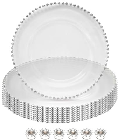 Clear Glass Charger Plate Set with Silver Beaded Rim & Pearl Diamante Napkin Rings – Elegant 33cm Chargers for Weddings, Parties, Banquets, Events & Luxury Table Décor - 6 Pcs