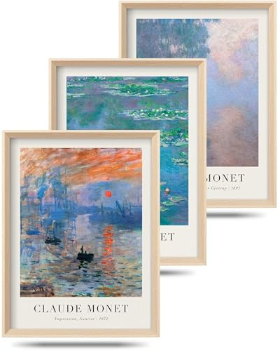 HesenDot A3 Claude Monet Wandbilder Set 3, Vintage Kunst mit Hoch Rahmen | 30x40cm, Impressionistische Leinwanddrucke, Klassisch Wand Dekoration für Wohnzimmer Schlafzimmer Badezimmer Flur