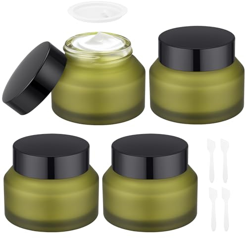 Segbeauty Contenant Cosmetique Vide 50g, 4 Pièces Petit Pot en Verre Vert, Pot Creme avec Couvercle et Spatule, Réutilisable et Portable, Accessoire Voyage Avion