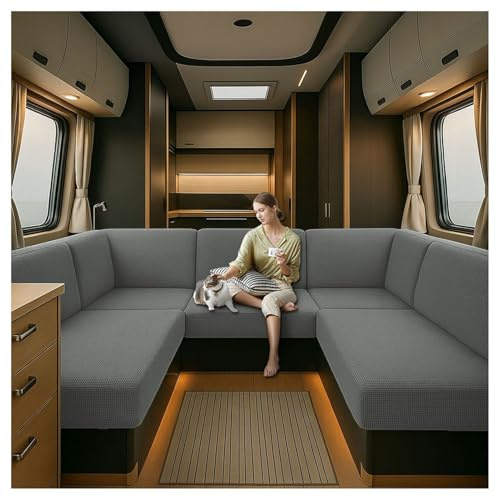 CDPTD Caravan Seat Cover Waterproof Stretch Jacquard, Non-slip RV Dinette Cushion Covers with 2 Straps with Elastic Straps Multi-Size Fit for Camper, Motorhome & Indoor (Gray,W 94-122 cm, D 26-40 cm)