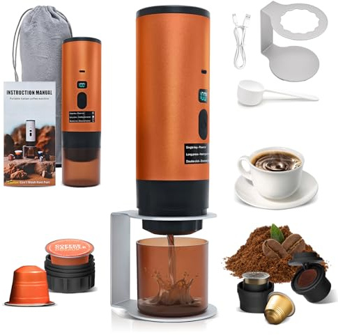 RoserRose Machine à Café Portable, Machine à Café de Voyage - Sans Fil & Auto-Chauffante - Avec Batterie 7800mAh, Fonction de Charging USB-C & Pressions 15 Bar - Compatible NS/DG (Orange)